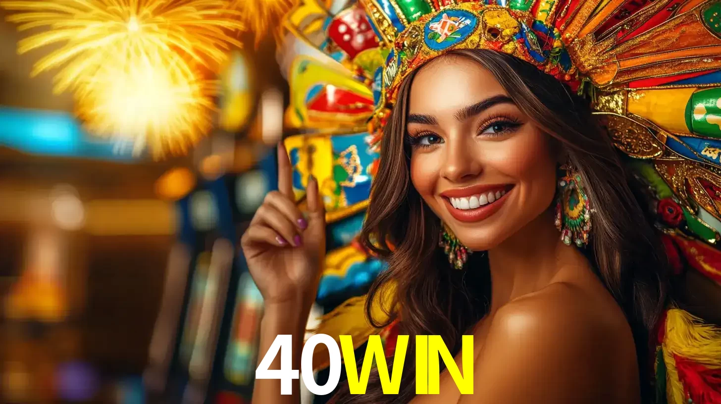 Mulher sorridente com um cocar de carnaval vibrante e colorido, celebrando uma grande vitória nos jogos do cassino 40WIN com fogos de artifício ao fundo.