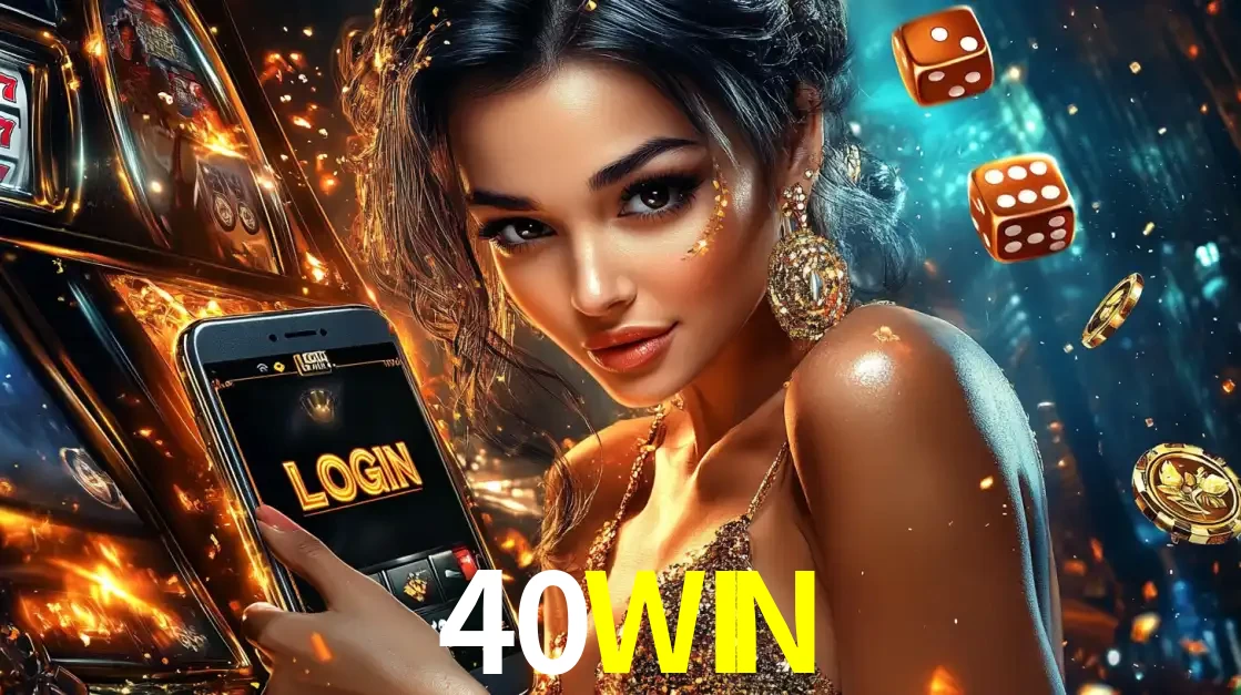 Mulher glamourosa segurando um celular com a tela de login do cassino 40WIN, rodeada por dados e moedas douradas, pronta para começar a diversão.