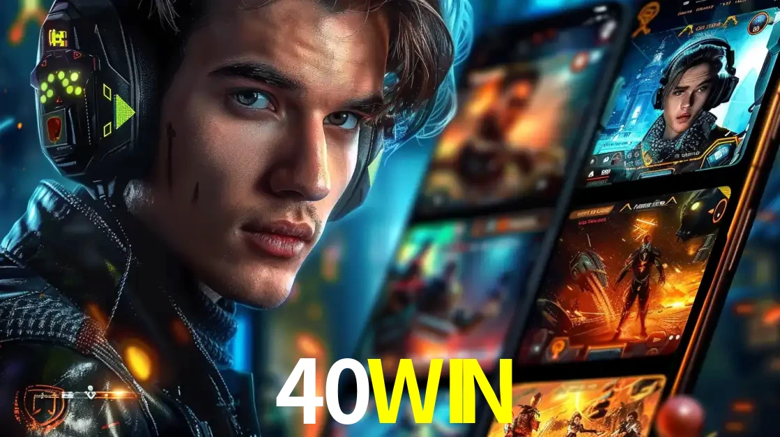 Jovem jogador com fones de ouvido olhando para a câmera, com um aplicativo de jogos e e-sports para celular ao fundo, pronto para a competição e apostas no 40WIN.