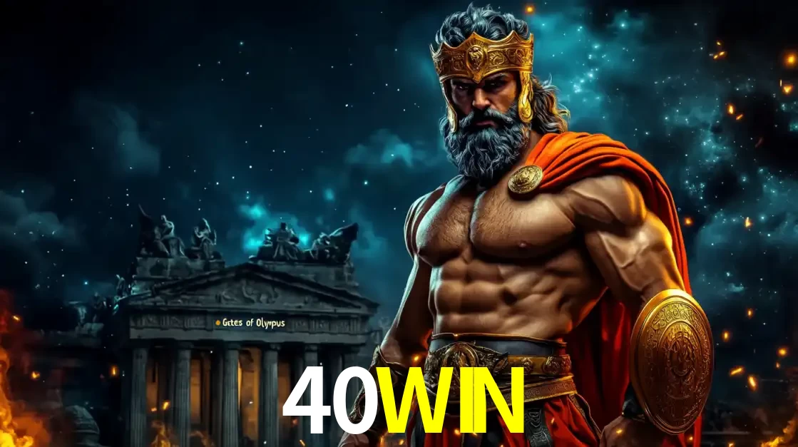 O poderoso Zeus do jogo de slot Gates of Olympus em frente ao seu templo, pronto para lançar multiplicadores divinos e prêmios épicos no cassino online 40WIN.