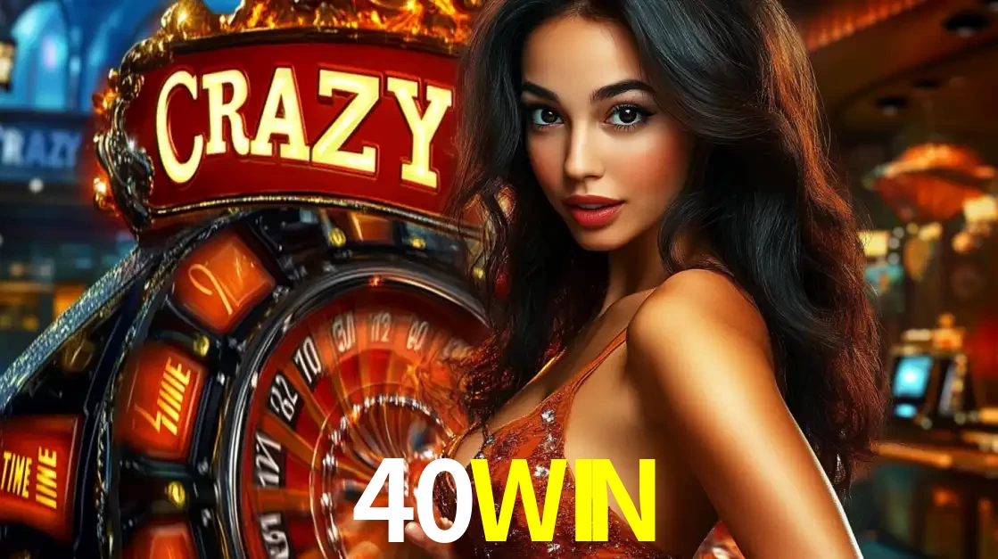 Mulher glamourosa olhando para a câmera com a roda vermelha do Crazy Time ao fundo em um ambiente de cassino, destacando a emoção dos jogos ao vivo no 40WIN.