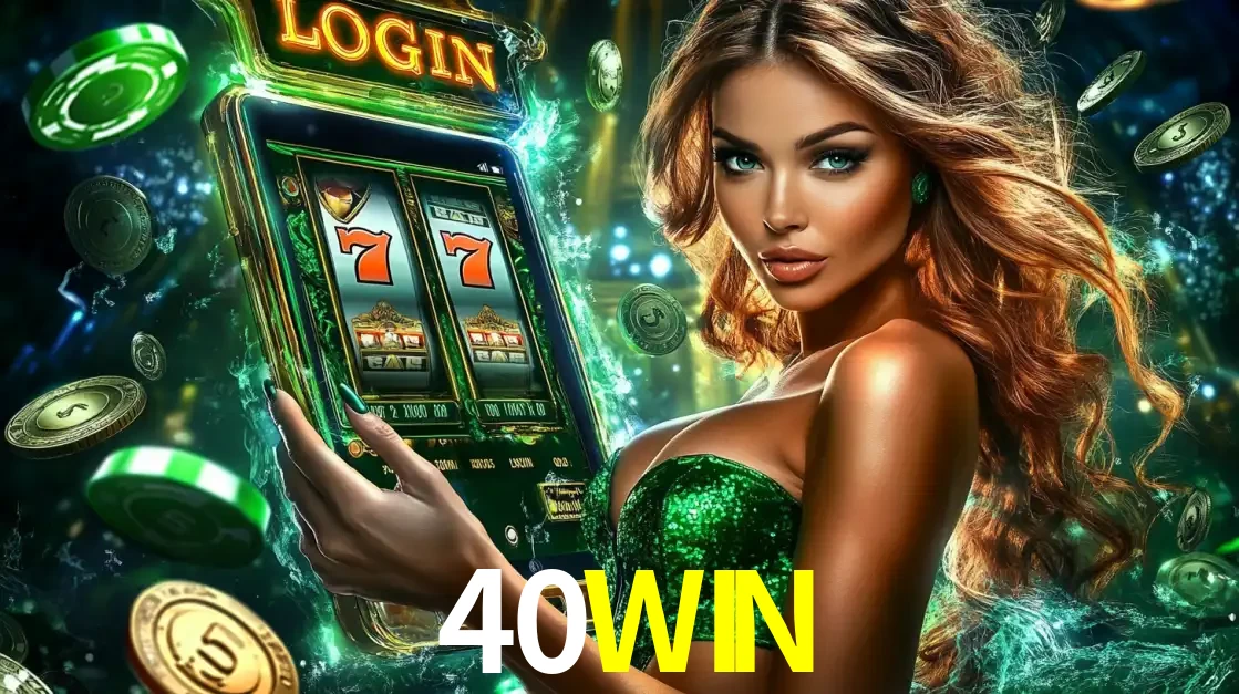Mulher com tema verde apresentando o aplicativo do cassino 40WIN com um jogo de slot de 777, cercada por fichas de cassino e uma aura de sorte.