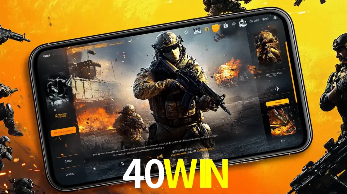 Um smartphone exibindo a interface de um jogo de tiro em primeira pessoa, com um soldado em um cenário de batalha, representando a ação dos e-sports para apostar no 40WIN.