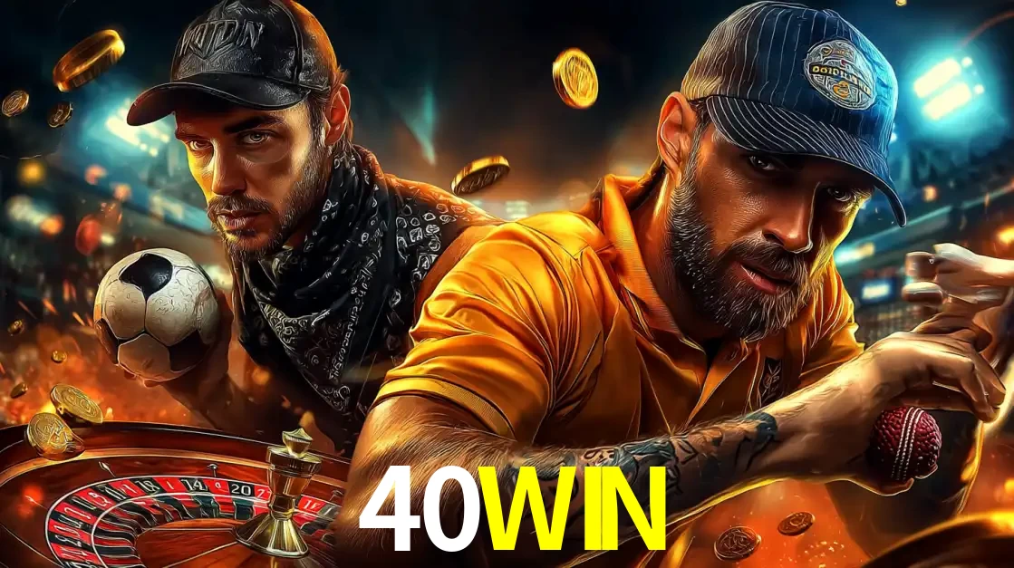 Montagem de apostas esportivas e cassino no 40WIN, com um homem segurando uma bola de futebol e outro uma de beisebol sobre uma roleta e moedas voadoras.