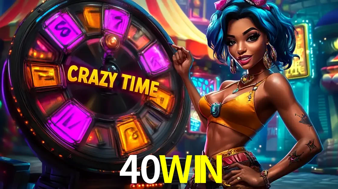 Mulher estilizada com cabelo azul e visual vibrante posando ao lado da roda de prêmios do game show Crazy Time, convidando para a diversão e os bônus do cassino 40WIN.
