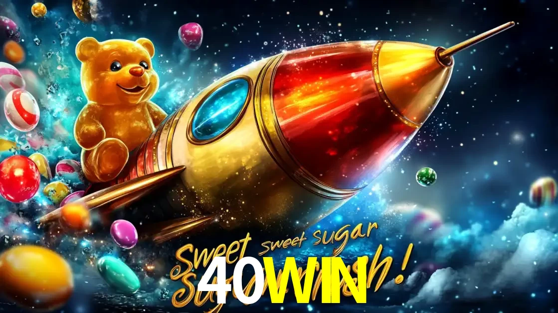 Arte promocional do jogo de slot Sugar Rush, com um urso de pelúcia em um foguete viajando pelo espaço de doces, um dos jogos divertidos disponíveis no cassino 40WIN.