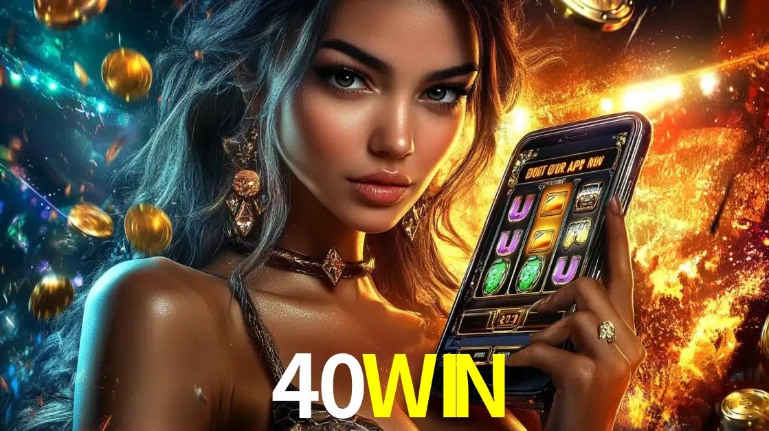 Mulher elegante mostrando um jogo de caça-níqueis em seu smartphone, destacando a experiência de cassino móvel oferecida pelo aplicativo 40WIN.