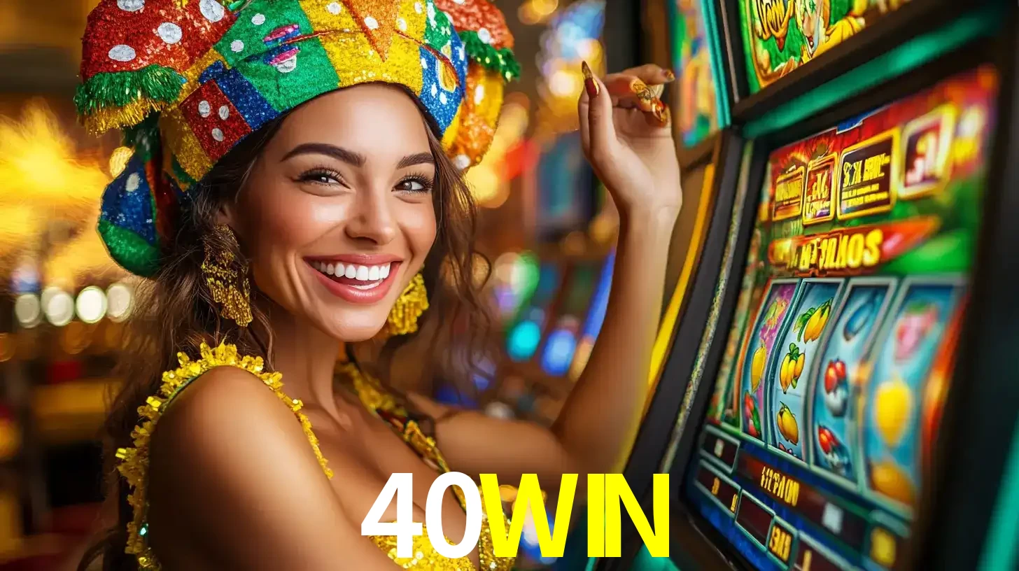 Mulher feliz com traje de carnaval amarelo e colorido ao lado de uma máquina de caça-níqueis, aproveitando a diversão e os jogos temáticos do cassino 40WIN.