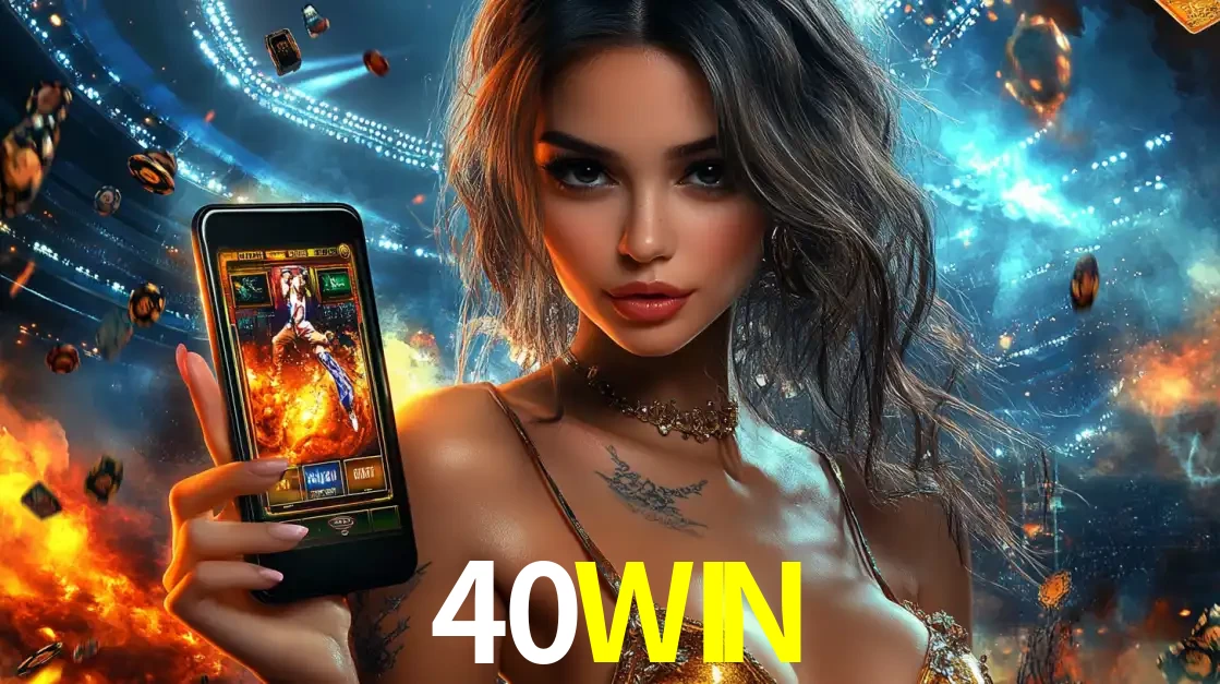 Mulher segurando um celular com um jogo de slot em destaque, tendo como fundo um estádio vibrante, simbolizando a emoção de jogar no cassino móvel 40WIN.