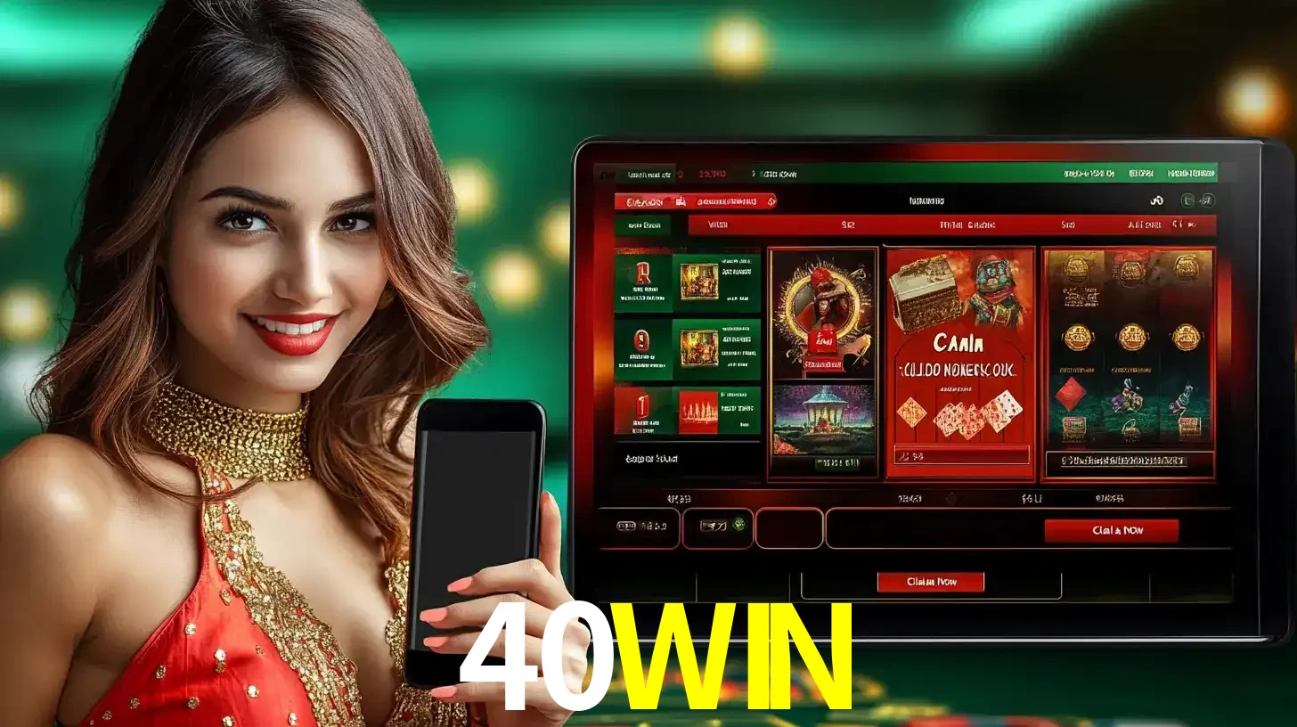 Mulher sorridente segurando um smartphone, ao lado de uma tela exibindo o lobby de jogos do cassino online 40WIN, com várias opções de jogos de cartas e slots.